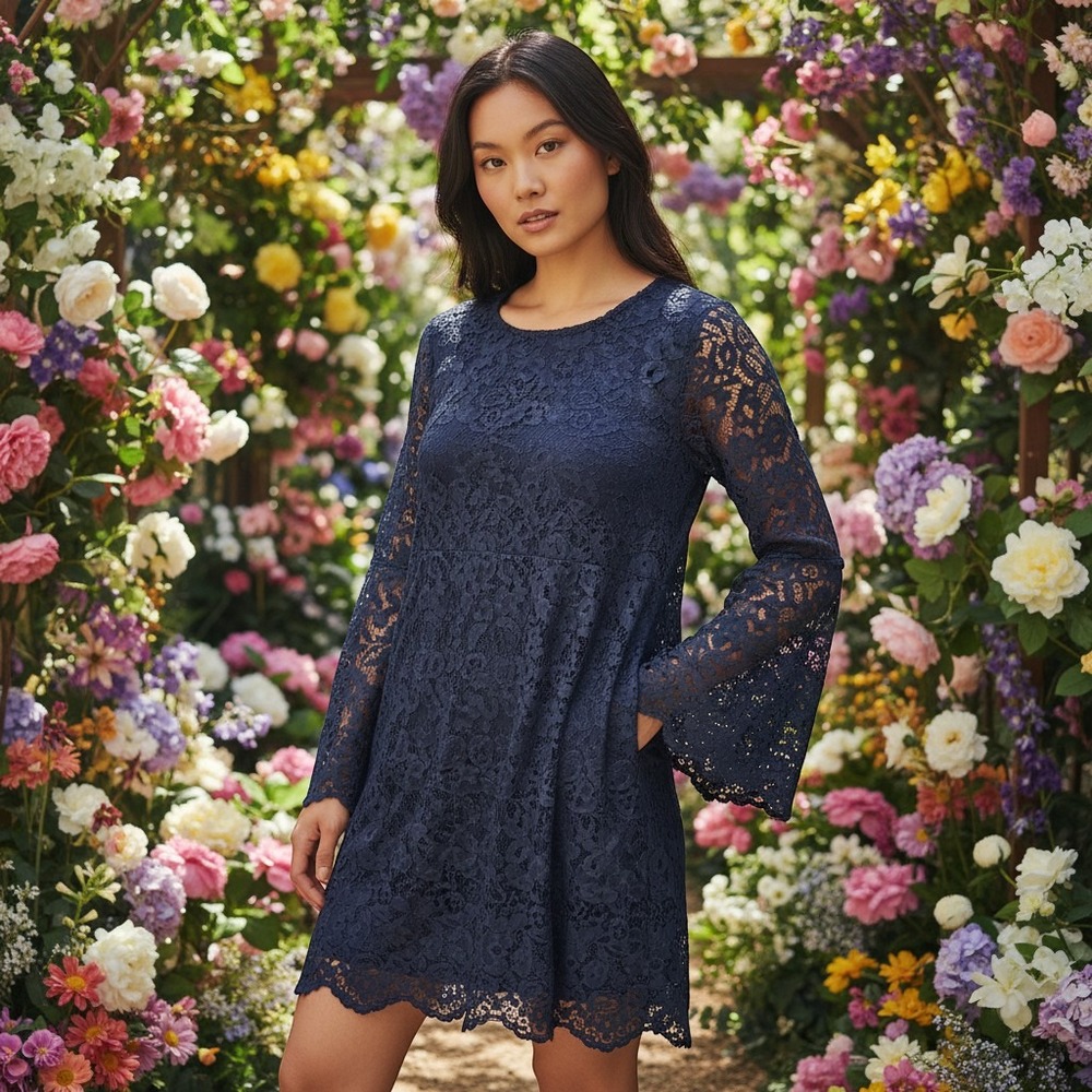 Charlotte Russe Navy Blue Lace Bell Sleeve Shift Dress J9538 Womens Medium